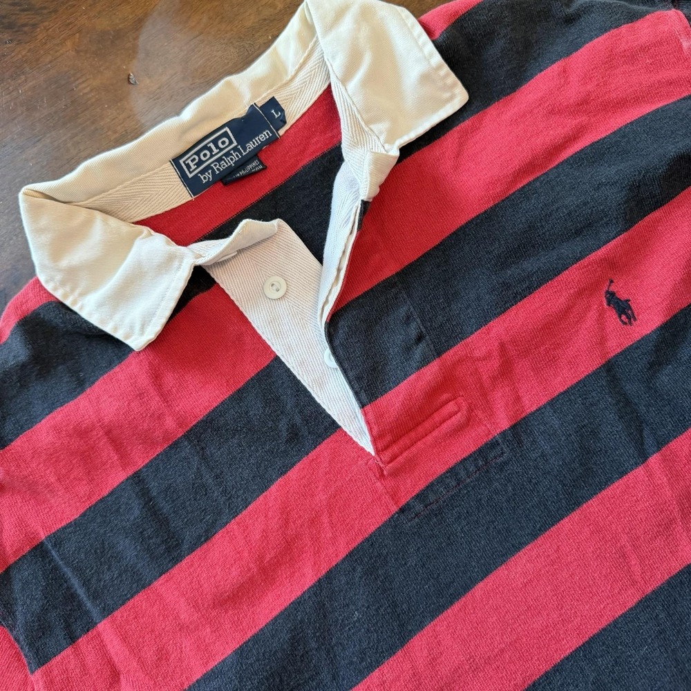 Vintage Polo Ralph Lauren Shirt Mens Large Red Stripe Rugby Cotton 90s Y2K